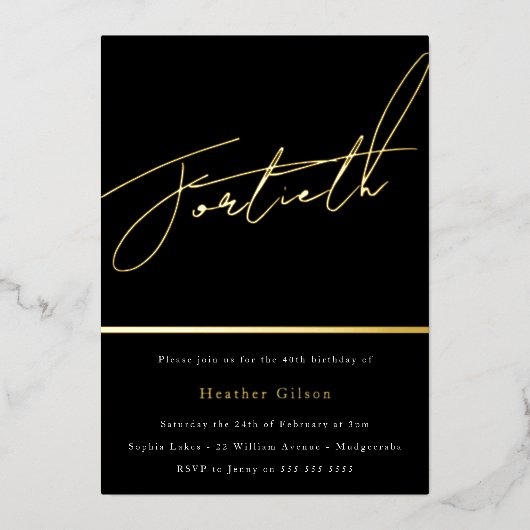 Golden Script 40th Birthday Party Gold Folie Uitnodiging (Voorkant)