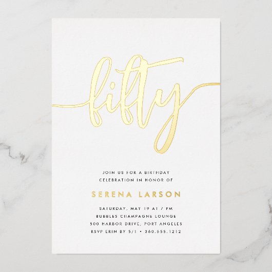Golden Script 50th Birthday Party Folie Uitnodiging (Voorkant)