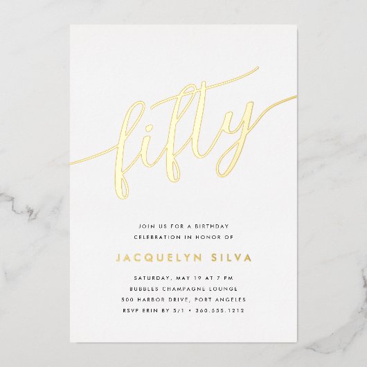 Golden Script 50th Birthday Party Folie Uitnodiging (Voorkant)