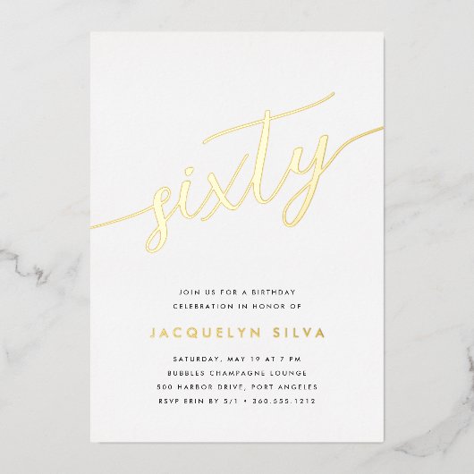 Golden Script 60th Birthday Party Folie Uitnodiging (Voorkant)