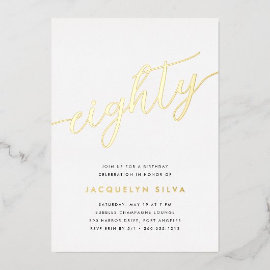 Golden Script 80th Birthday Party Folie Uitnodiging (Voorkant)