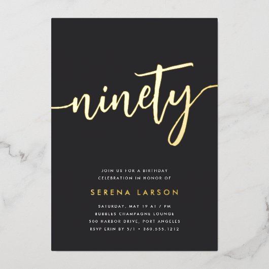 Golden Script 90th Birthday Party Folie Uitnodiging (Voorkant)