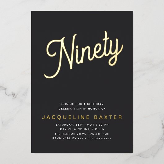 Golden Script 90th Birthday Party Folie Uitnodiging (Voorkant)