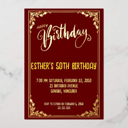 Golden Script Anniversaire Foil Invitation (Recto)