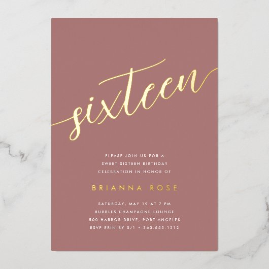 Golden Script Sweet 16 Birthday Party Folie Uitnodiging (Voorkant)