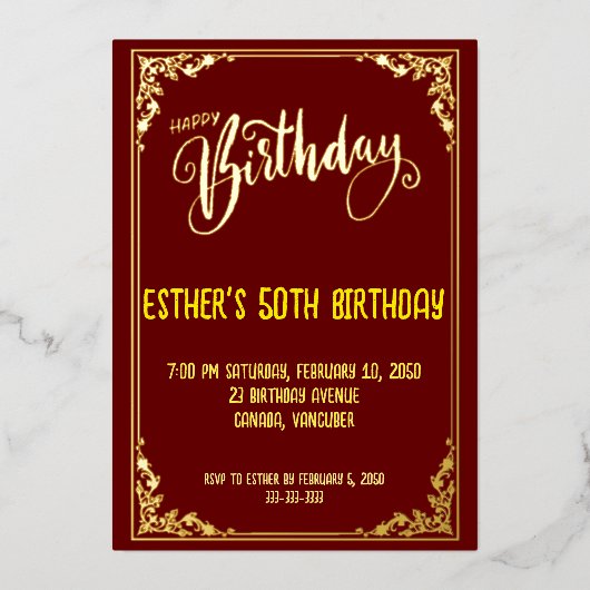 Golden Script Verjaardagsfeest Folie Uitnodiging (Voorkant)