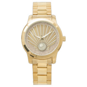 Golden Seashell & Pearl Gold Faux Glitter Horloge
