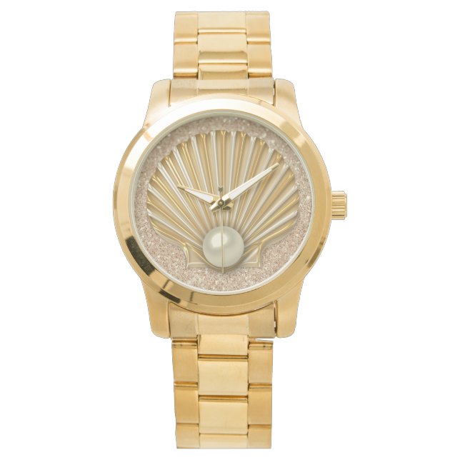 Golden Seashell & Pearl Gold Faux Glitter Horloge (Voorkant)