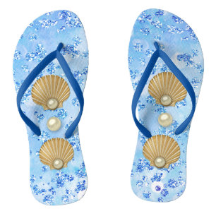 Golden Seashells & Pearls Blue Bokeh Bling Teenslippers