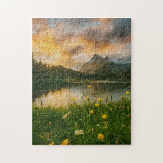 Golden Serenity: Mountain Lake Puzzle Legpuzzel
