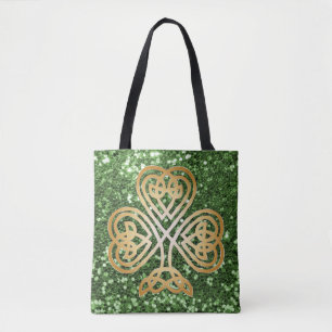 Golden Shining Celtic Shamrock Green Faux Glitter Draagtas