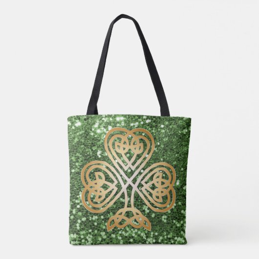 Golden Shining Celtic Shamrock Green Faux Glitter Draagtas (Achterkant)