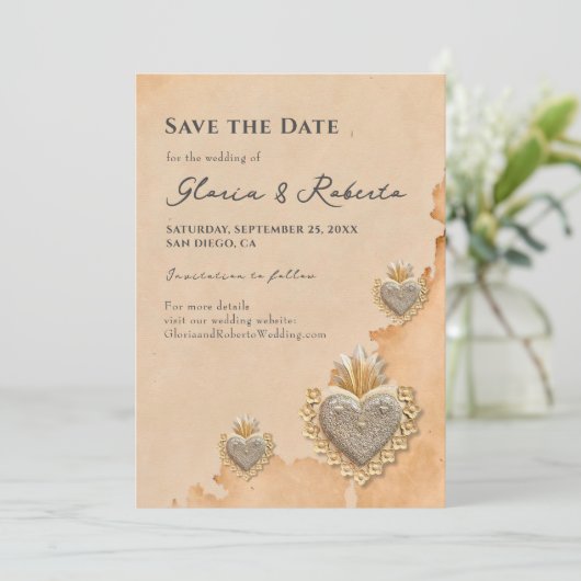 Golden Silver Milagros Heart Save the Date Kaart (Staand voorkant)