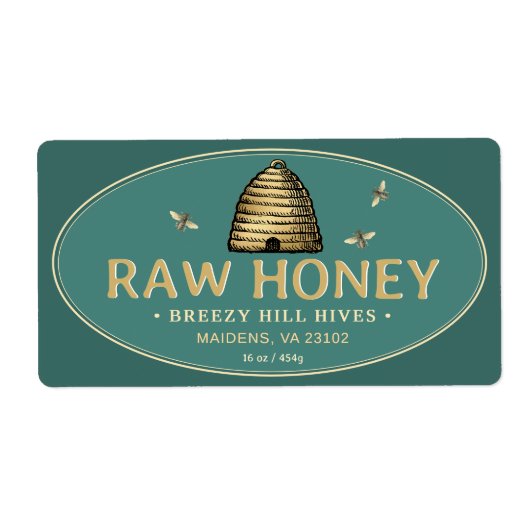 Golden Skep met Honeybees Raw Honey Label Blauwgro (Voorkant)