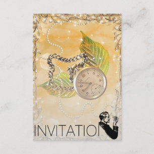 Golden Sparking Clock Perals Gentelmen Invitation Kaart
