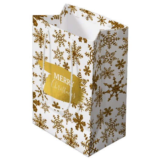 Golden Sparking Snowflakes Merry kerst Medium Cadeauzakje (Voorkant Gekanteld)