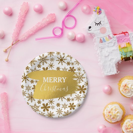 Golden Sparking Snowflakes Merry kerst Papieren Bordje (Feest)