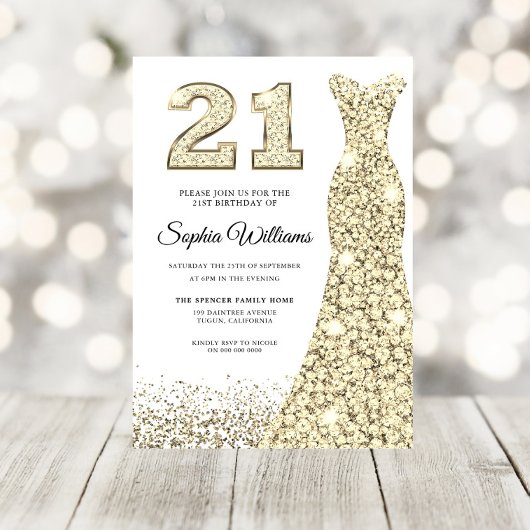 Golden Sparkle Glitter Dress 21st Birthday Party Kaart