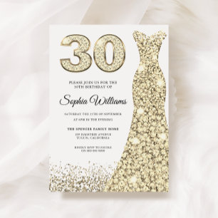 Golden Sparkle Glitter Dress 30th Birthday Party Kaart