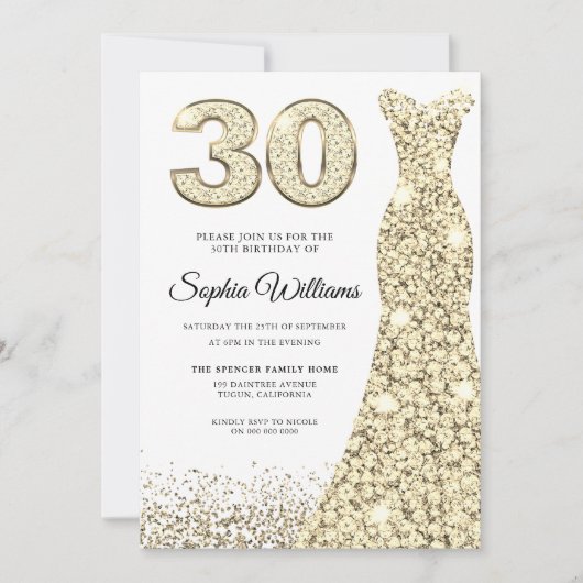 Golden Sparkle Glitter Dress 30th Birthday Party Kaart (Voorkant)