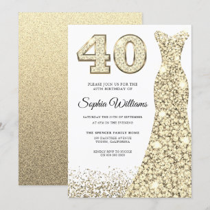 Golden Sparkle Glitter Dress 40th Birthday Party Kaart