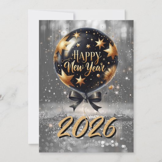 Golden Sparkle New Year Balloon with 2026 Glow Feestdagenkaart (Voorkant)
