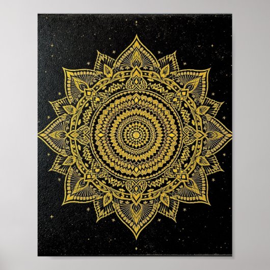 Golden Starburst Mandala on Black Poster (Voorkant)