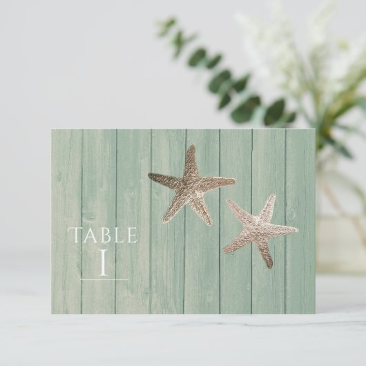 Golden Starfish and Wood Elegant Beach Table Numbe Kaart (Staand voorkant)