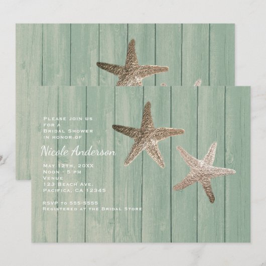 Golden Starfish & Wood Elegant Beach Invitations (Devant / Derrière)