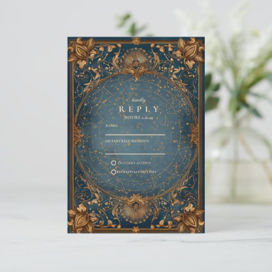 Golden Starry Night Wedding RSVP Kaartje (Staand voorkant)
