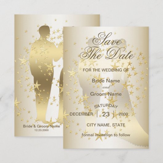 Golden Stars Bride en Groom Save The Date (Voorkant / Achterkant)