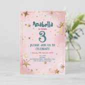 Golden Stars en Roze Kids Verjaardagsfeestje Kaart (Staand voorkant)