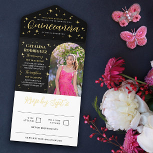 Golden Stars & Flares Arch Foto Quinceañera All In One Uitnodiging