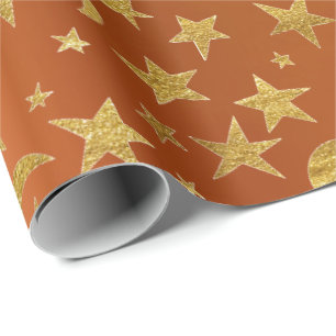 Golden Stars Moon Sky Metallic Coral Oranje Cadeaupapier