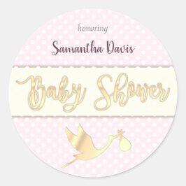 Golden Stork Baby Girl Baby shower Ronde Sticker