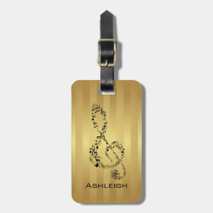 Golden Stripes Black Treble Clef Muzieknoten Bagagelabel