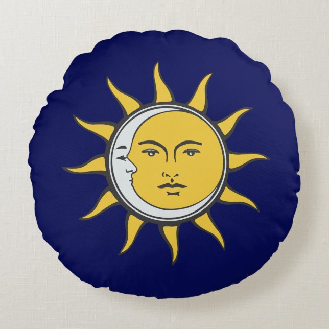 Golden Sun en Silver Moon op Navy Blue Rond Kussen (Voorkant)