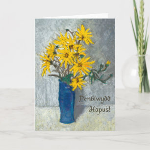 Golden Sunflower Birthday Kaart, Welsh Greeting Kaart
