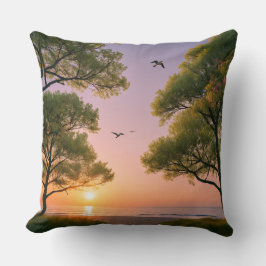 Golden Sunset Ocean Beach Landscape with Trees  Kussen