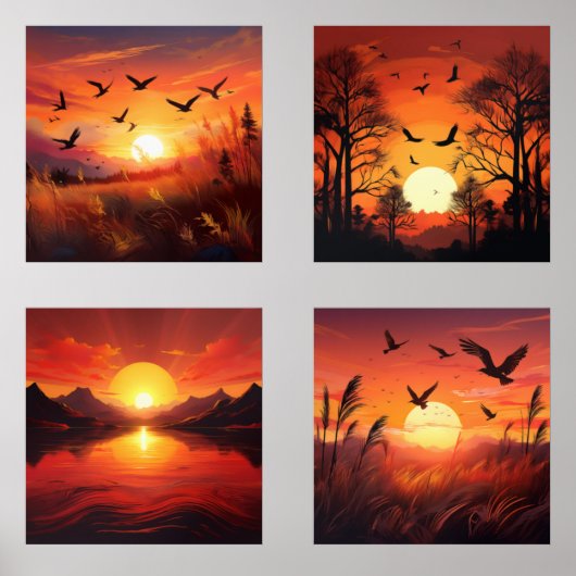 Golden Sunset Silhouetten Set van 4 - Natuur Art (Voorkant)