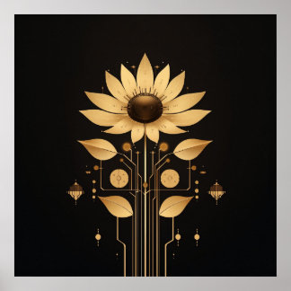 Golden Tech Bloom - Poster d'art Solarpunk