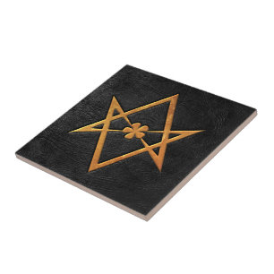 Golden Thelemic Unicursal Hexagram Black Leather Tegeltje