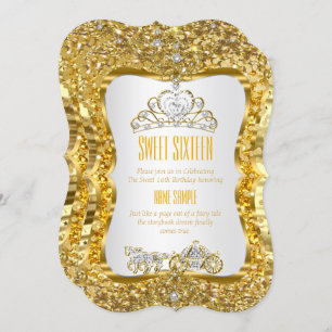 Golden Tiara Princess Sweet 16 Or Invitation blanc