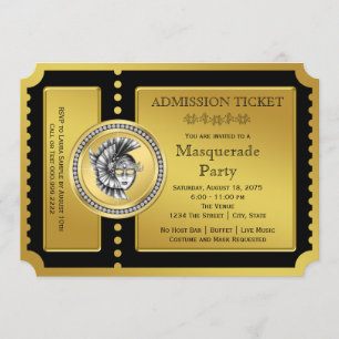 Golden Ticket Black en Gold Masquerade Party Kaart