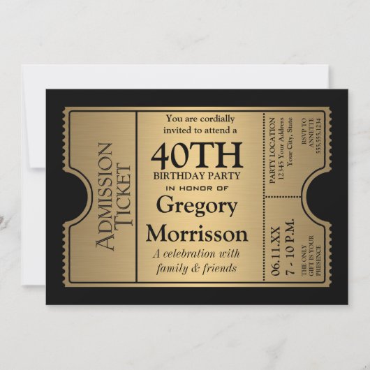 Golden Ticket Style 40th Birthday Party Invite Kaart (Voorkant)
