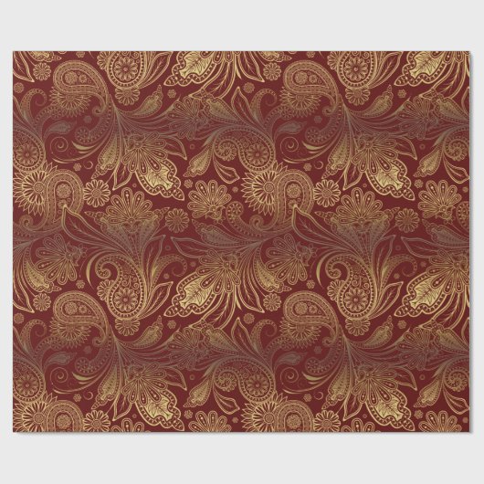 Golden Tones Ornate Paisley Pattern On Red Cadeaupapier (Vlak)