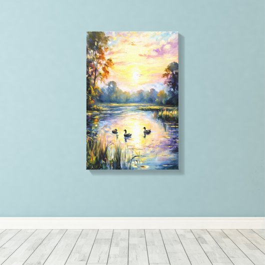 Golden Tranquility Sunset Pond Landschap met Eend Canvas Afdruk (Insitu (Houten vloer))