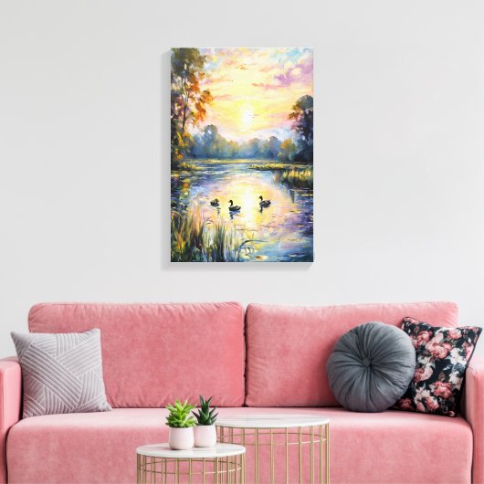 Golden Tranquility Sunset Pond Landschap met Eend Canvas Afdruk (Insitu (Woonkamer))