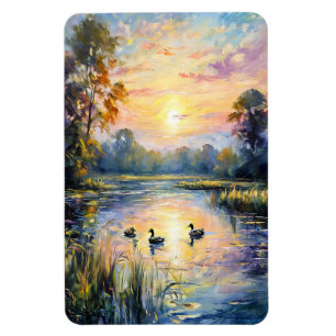 Golden Tranquility Sunset Pond Landschap met Eend Magneet