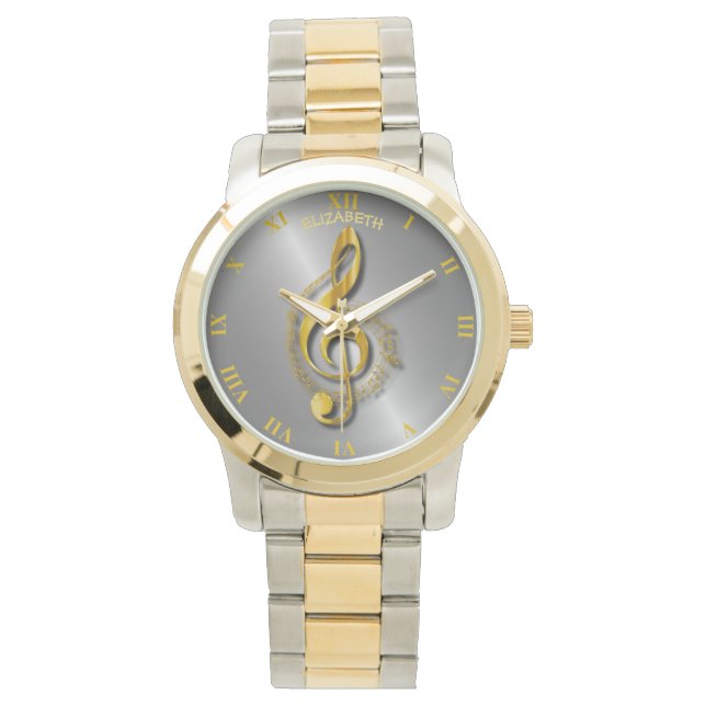 Golden Treble Clef met noten en schaduwen Horloge (Voorkant)